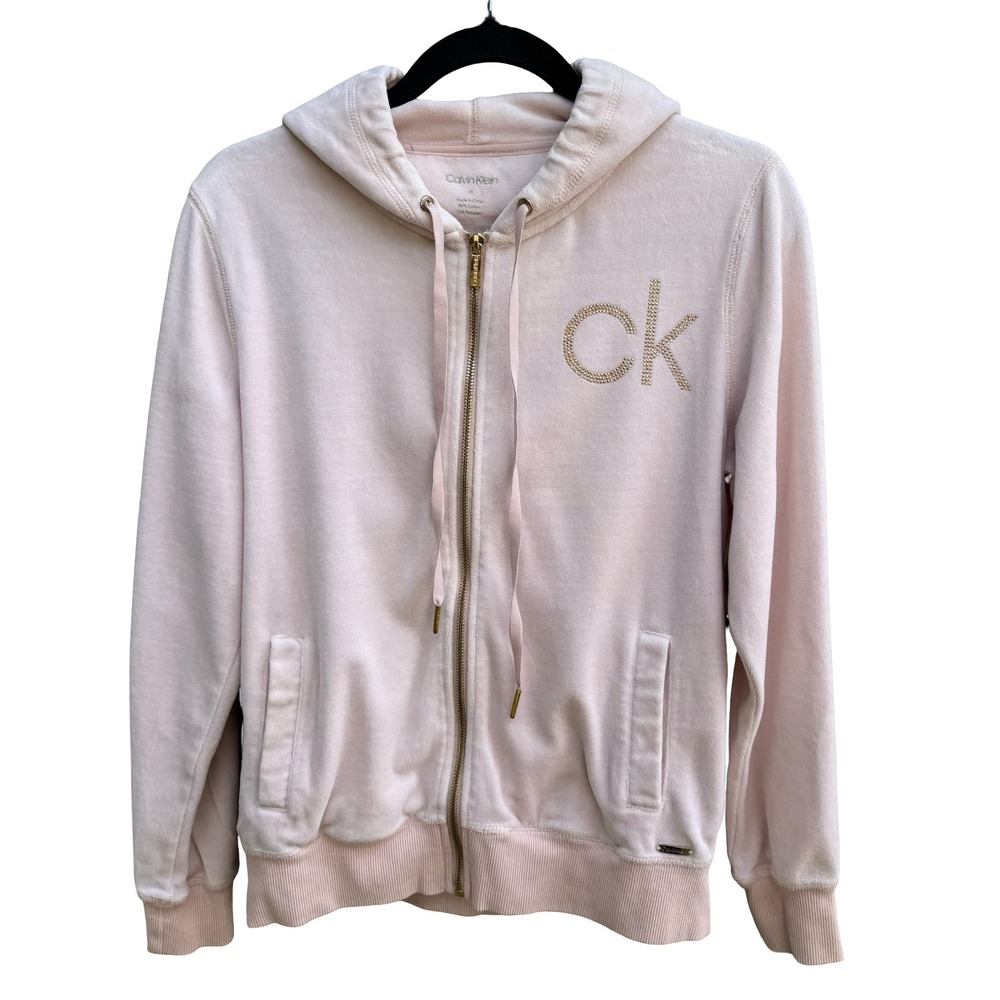 Calvin Klein Y2K McBling Athleisure Pink Velour Zip‎ Up Hoodie Studded CK Logo M